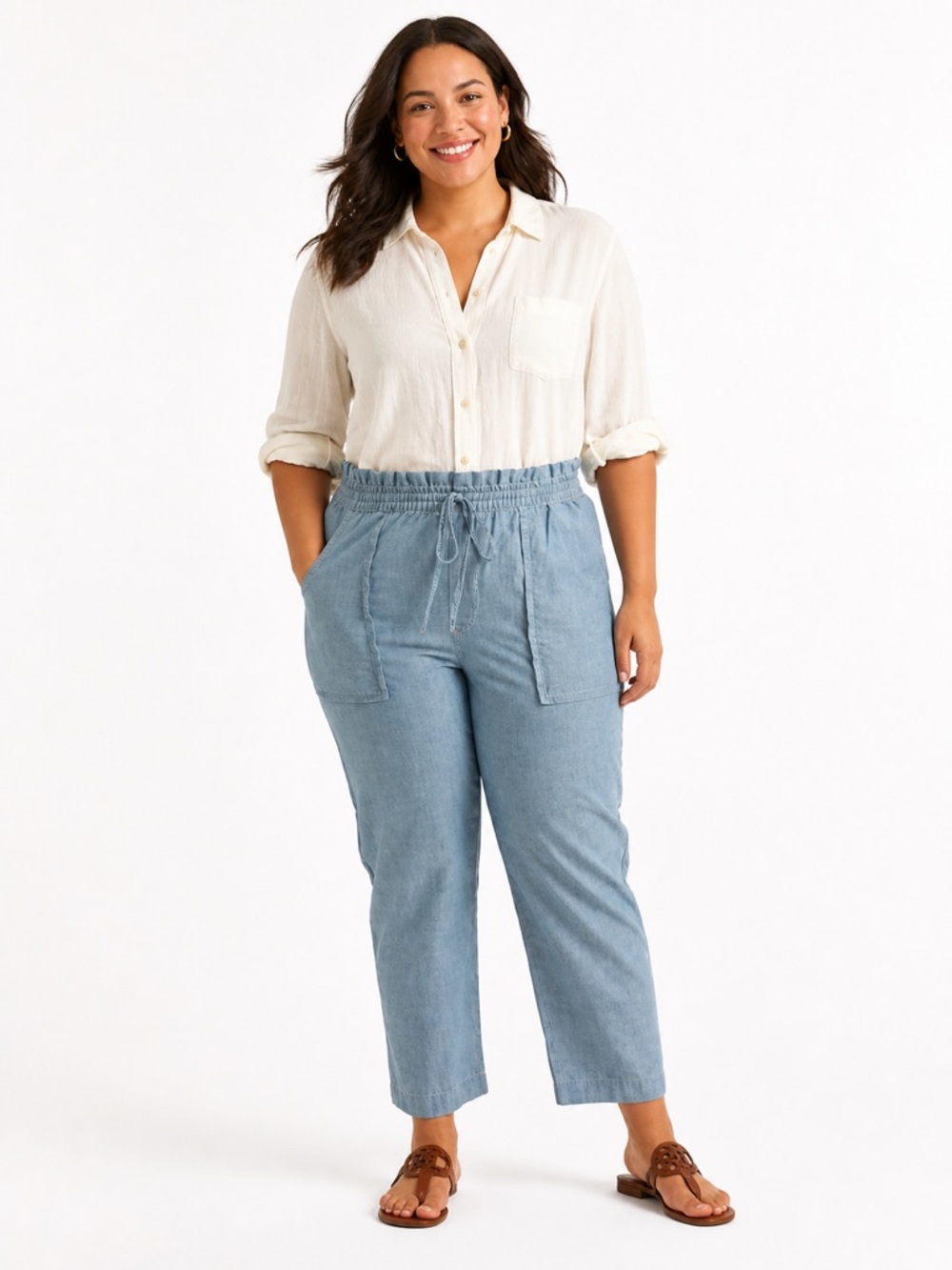 NWT Lauren Ralph‎ Lauren Chambray Blue Cotton Ankle Straight Leg Pants